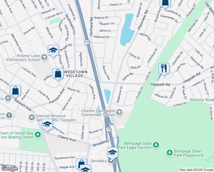 map of restaurants, bars, coffee shops, grocery stores, and more near 68 Haypath Road in Bethpage