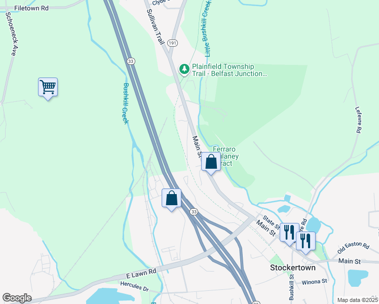 map of restaurants, bars, coffee shops, grocery stores, and more near 643 Dogwood Lane in Easton