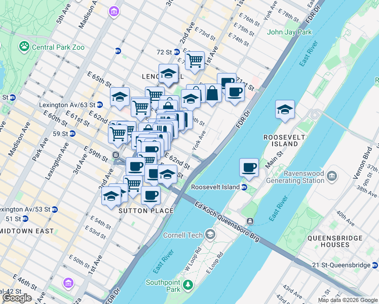 map of restaurants, bars, coffee shops, grocery stores, and more near 1175 York Avenue in New York