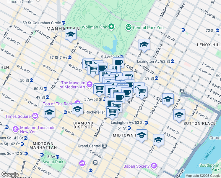 map of restaurants, bars, coffee shops, grocery stores, and more near Two East 55th Street in New York