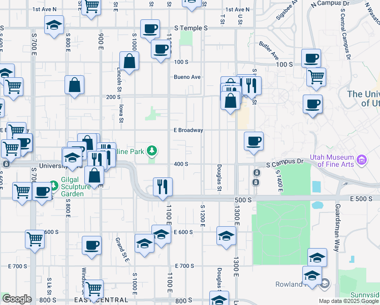 map of restaurants, bars, coffee shops, grocery stores, and more near 1145 East 400 South in Salt Lake City