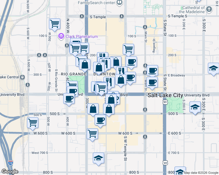 map of restaurants, bars, coffee shops, grocery stores, and more near 202 West 400 South in Salt Lake City