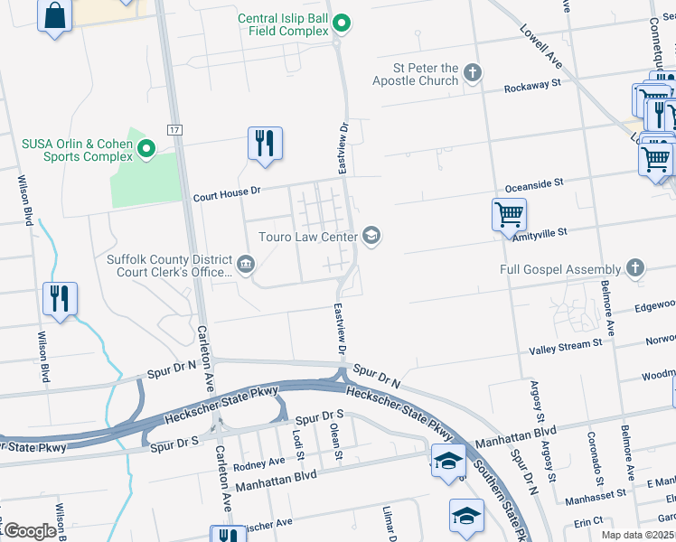 map of restaurants, bars, coffee shops, grocery stores, and more near 335 Saxton Court in Central Islip