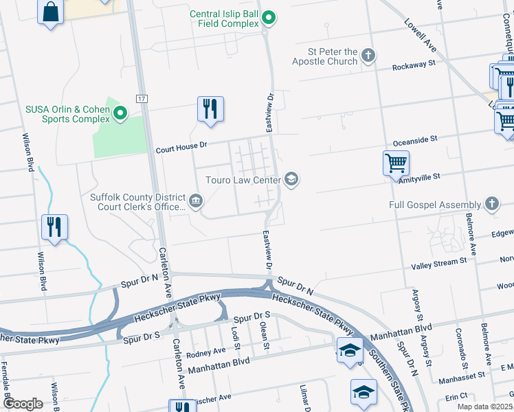 map of restaurants, bars, coffee shops, grocery stores, and more near 335 Saxton Court in Central Islip