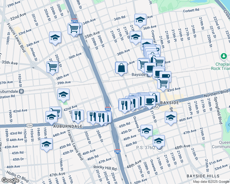 map of restaurants, bars, coffee shops, grocery stores, and more near 4207 Clearview Expressway Service Road in Queens