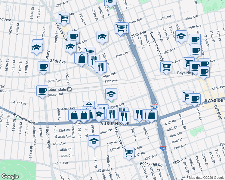 map of restaurants, bars, coffee shops, grocery stores, and more near 40-19 201st Street in Queens