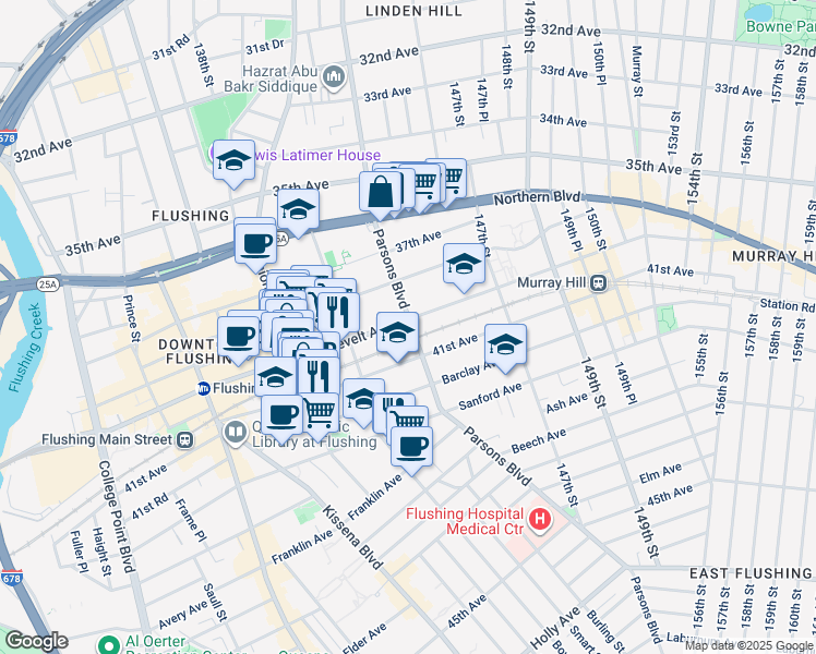 map of restaurants, bars, coffee shops, grocery stores, and more near 143-40 Roosevelt Avenue in Queens