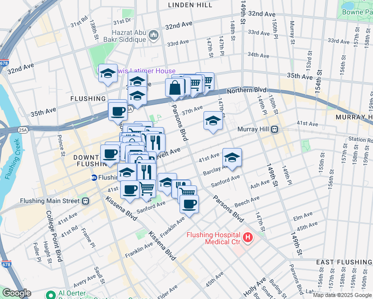 map of restaurants, bars, coffee shops, grocery stores, and more near 143-40 Roosevelt Avenue in Queens