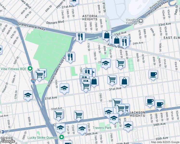 map of restaurants, bars, coffee shops, grocery stores, and more near in Queens