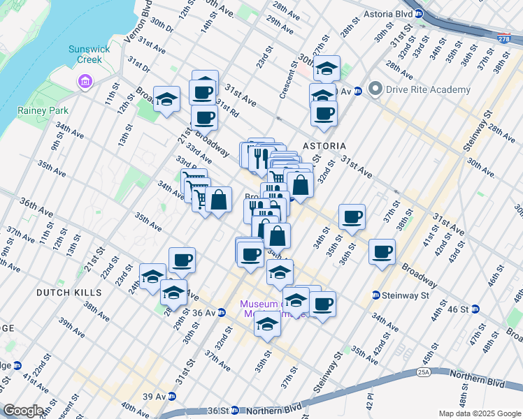 map of restaurants, bars, coffee shops, grocery stores, and more near 32-58 30th Street in Queens