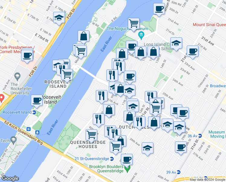 map of restaurants, bars, coffee shops, grocery stores, and more near 3628 9th Street in Queens