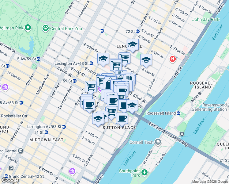 map of restaurants, bars, coffee shops, grocery stores, and more near 330 East 61st Street in New York