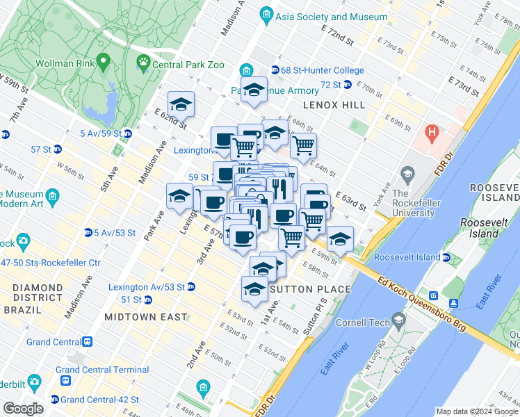 map of restaurants, bars, coffee shops, grocery stores, and more near 250 East 59th Street in New York