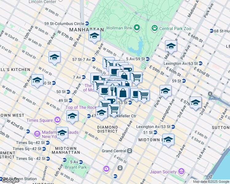 map of restaurants, bars, coffee shops, grocery stores, and more near 11 West 53rd Street in New York