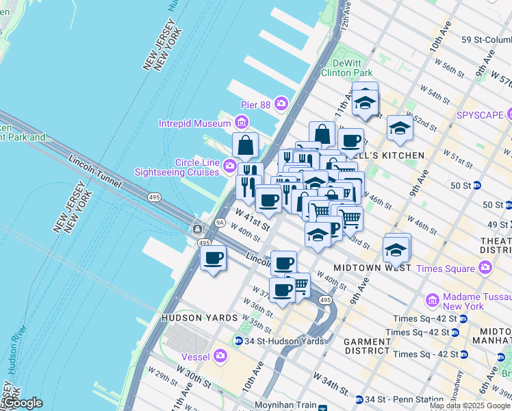 map of restaurants, bars, coffee shops, grocery stores, and more near 620 West 42nd Street in New York
