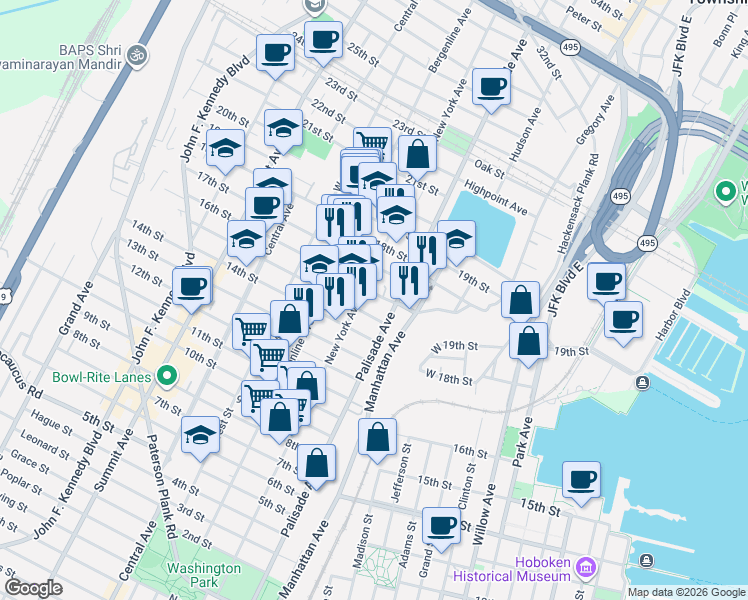 map of restaurants, bars, coffee shops, grocery stores, and more near 308 15th Street in Union City