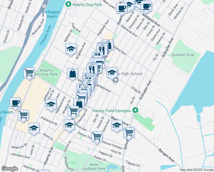 map of restaurants, bars, coffee shops, grocery stores, and more near 44 Garfield Avenue in Kearny