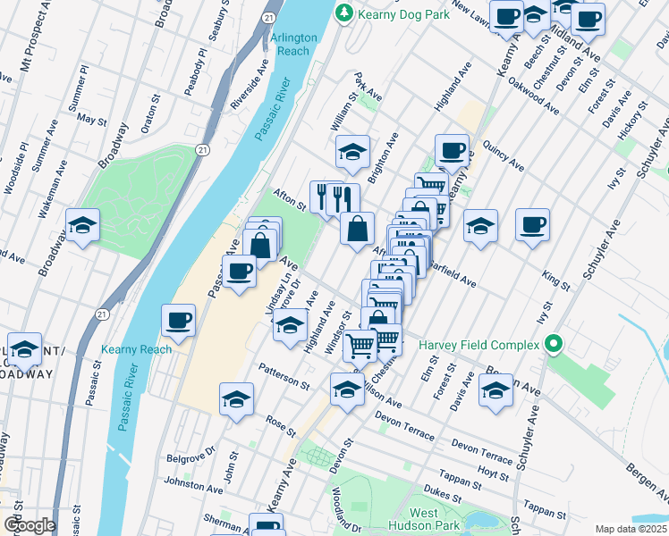 map of restaurants, bars, coffee shops, grocery stores, and more near 227 Highland Avenue in Kearny