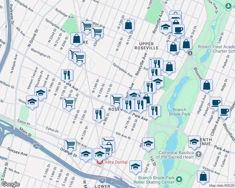 map of restaurants, bars, coffee shops, grocery stores, and more near 147 North 9th Street in Newark