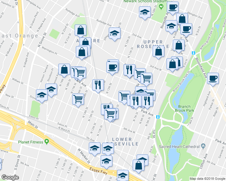 map of restaurants, bars, coffee shops, grocery stores, and more near 170 North 11th Street in Newark