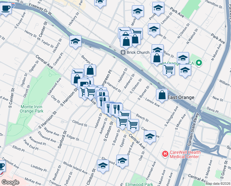 map of restaurants, bars, coffee shops, grocery stores, and more near 111 Amherst Street in East Orange