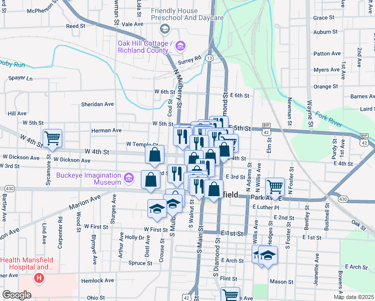 map of restaurants, bars, coffee shops, grocery stores, and more near 23-37 West 4th Street in Mansfield