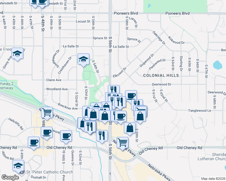 map of restaurants, bars, coffee shops, grocery stores, and more near 5201 Dogwood Court in Lincoln