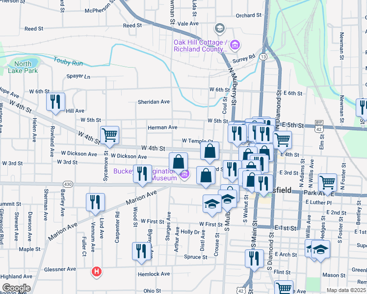 map of restaurants, bars, coffee shops, grocery stores, and more near 180 West 4th Street in Mansfield