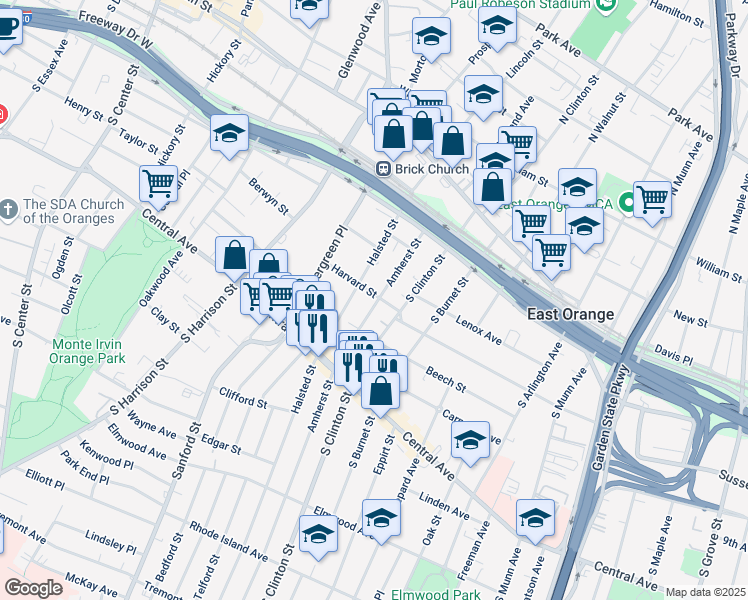 map of restaurants, bars, coffee shops, grocery stores, and more near 23 Harvard Street in East Orange