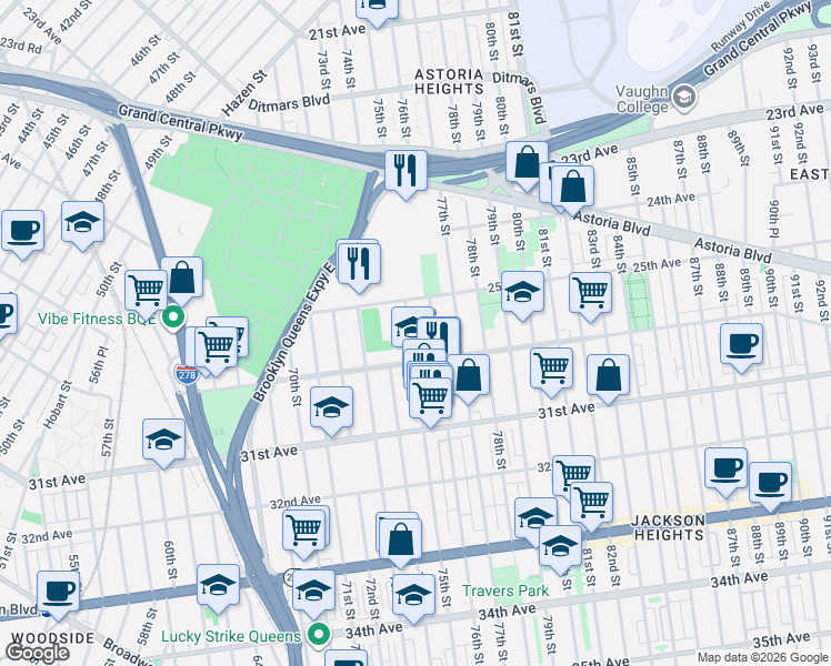 map of restaurants, bars, coffee shops, grocery stores, and more near 25-47 75th Street in Queens