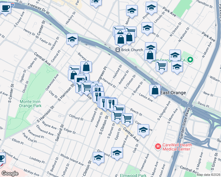map of restaurants, bars, coffee shops, grocery stores, and more near 111 Amherst Street in East Orange