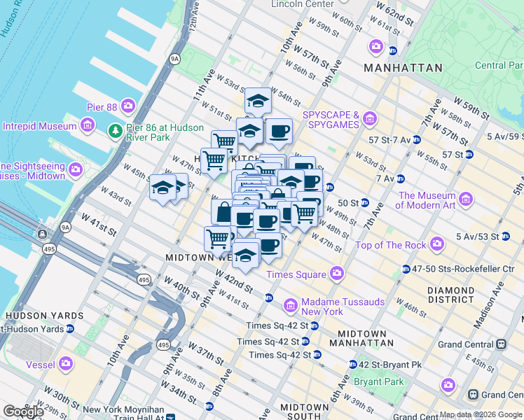 map of restaurants, bars, coffee shops, grocery stores, and more near 678 9th Avenue in New York