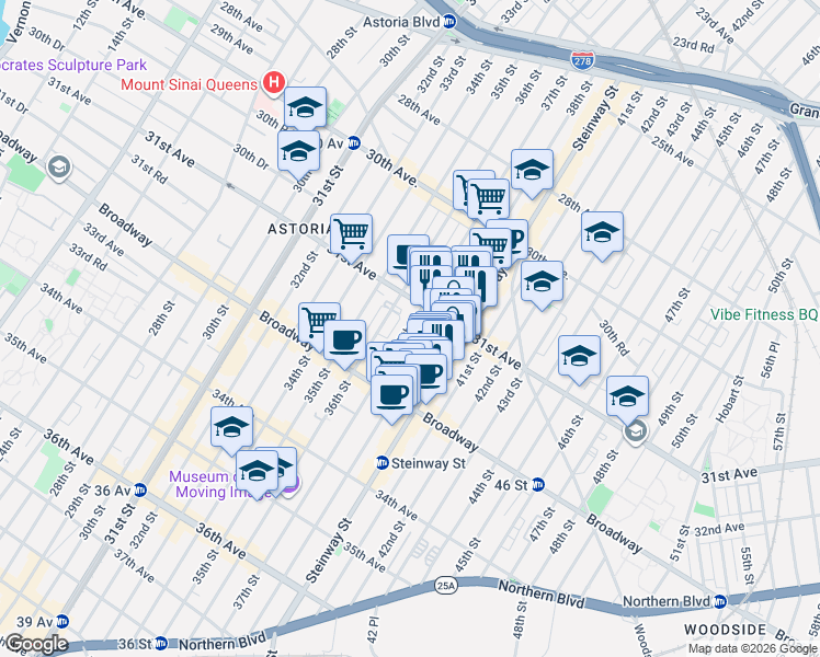 map of restaurants, bars, coffee shops, grocery stores, and more near 31-28 38th Street in Queens