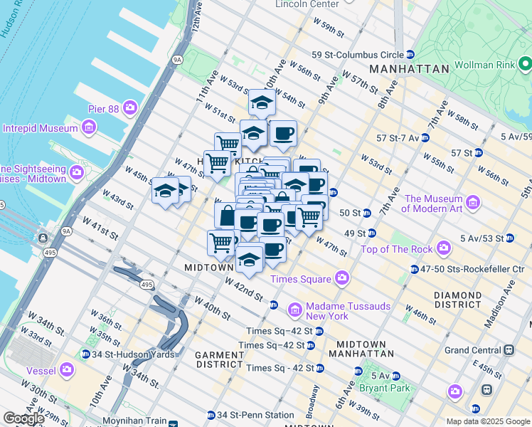 map of restaurants, bars, coffee shops, grocery stores, and more near 678 9th Avenue in New York
