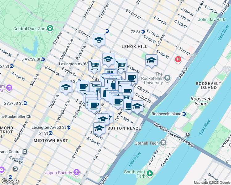 map of restaurants, bars, coffee shops, grocery stores, and more near 1151A 2nd Avenue in New York