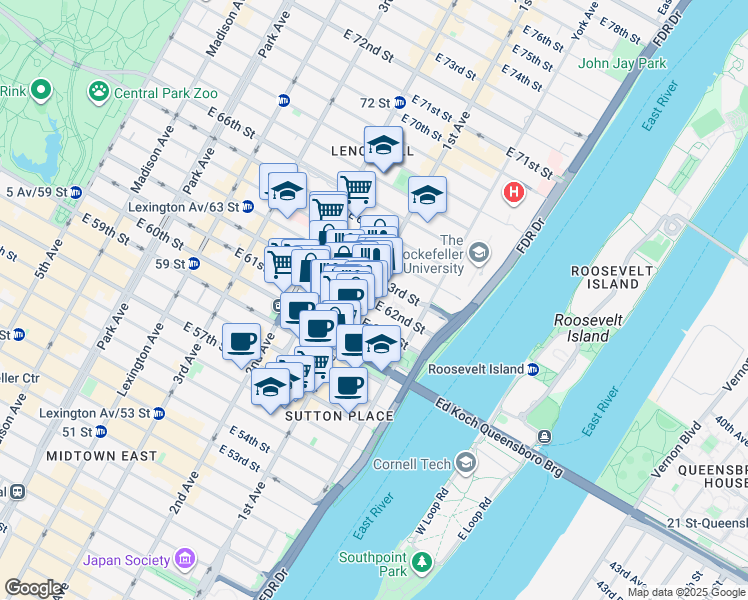 map of restaurants, bars, coffee shops, grocery stores, and more near 401 East 62nd Street in New York