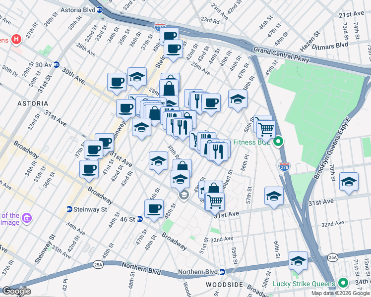 map of restaurants, bars, coffee shops, grocery stores, and more near in Queens