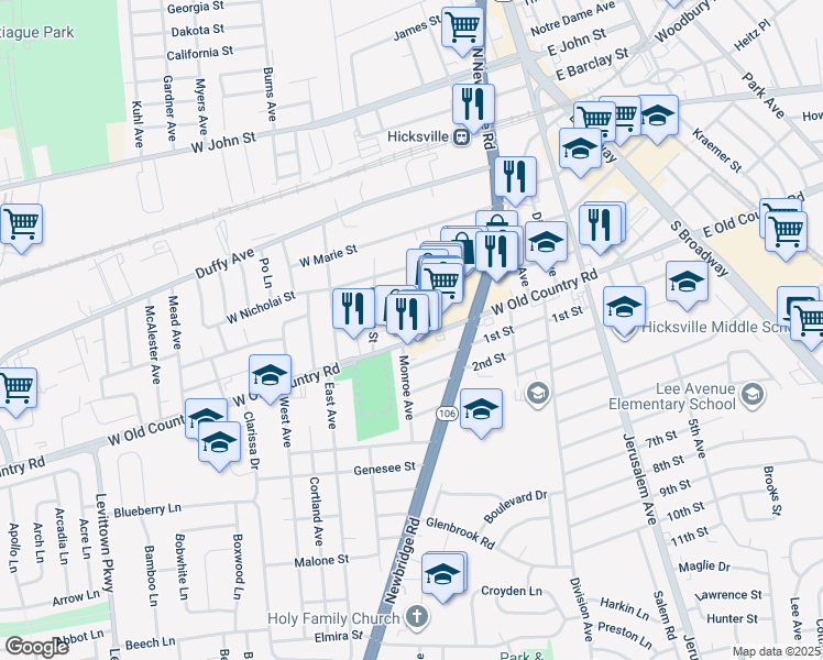 map of restaurants, bars, coffee shops, grocery stores, and more near 247 West Old Country Road in Hicksville