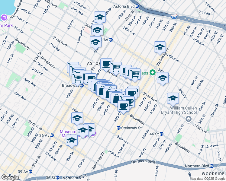 map of restaurants, bars, coffee shops, grocery stores, and more near 31-69 35th Street in Queens