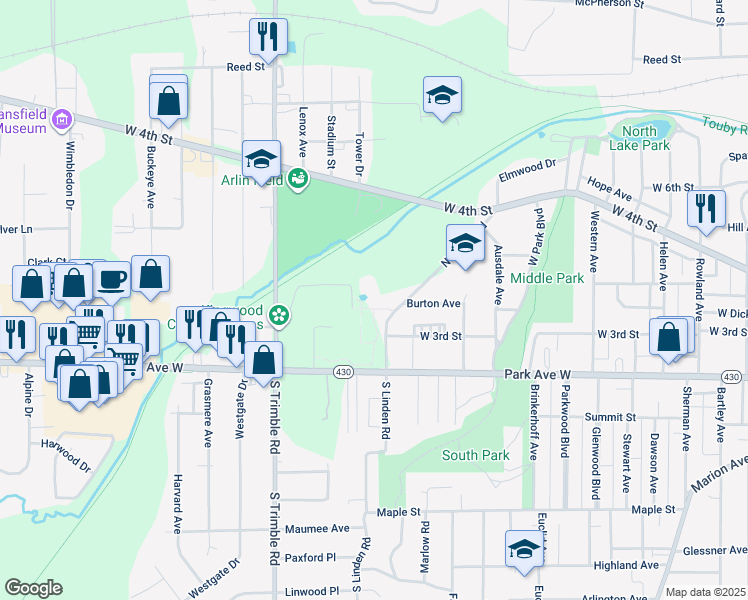 map of restaurants, bars, coffee shops, grocery stores, and more near 900 Park Avenue West in Mansfield