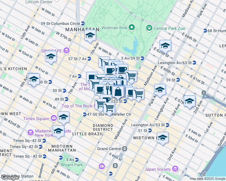 map of restaurants, bars, coffee shops, grocery stores, and more near 11 West 53rd Street in New York