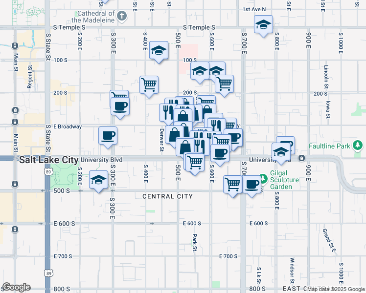 map of restaurants, bars, coffee shops, grocery stores, and more near 531 400 South in Salt Lake City