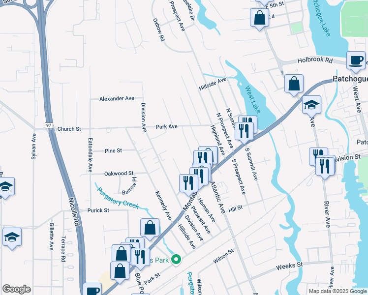 map of restaurants, bars, coffee shops, grocery stores, and more near 10 Hunting Hill Drive in Blue Point