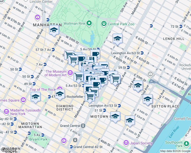 map of restaurants, bars, coffee shops, grocery stores, and more near 16 East 54th Street in New York