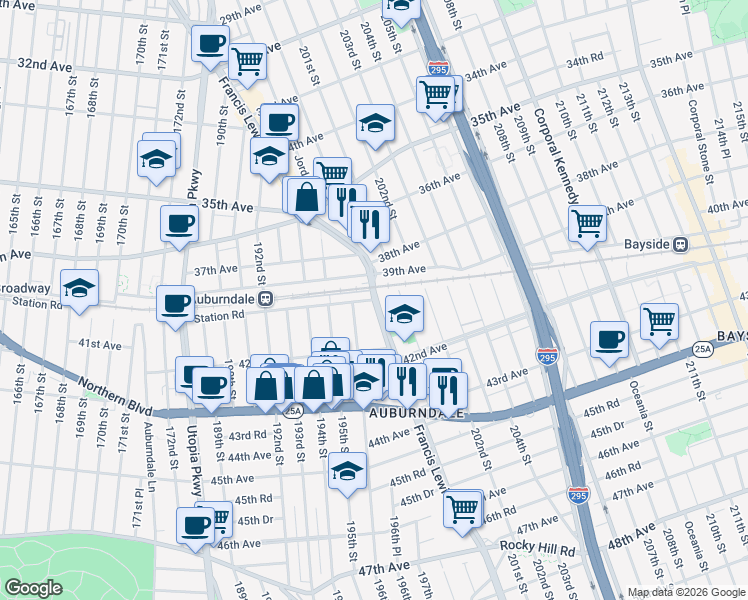 map of restaurants, bars, coffee shops, grocery stores, and more near Francis Lewis Blvd & Station Rd in Queens