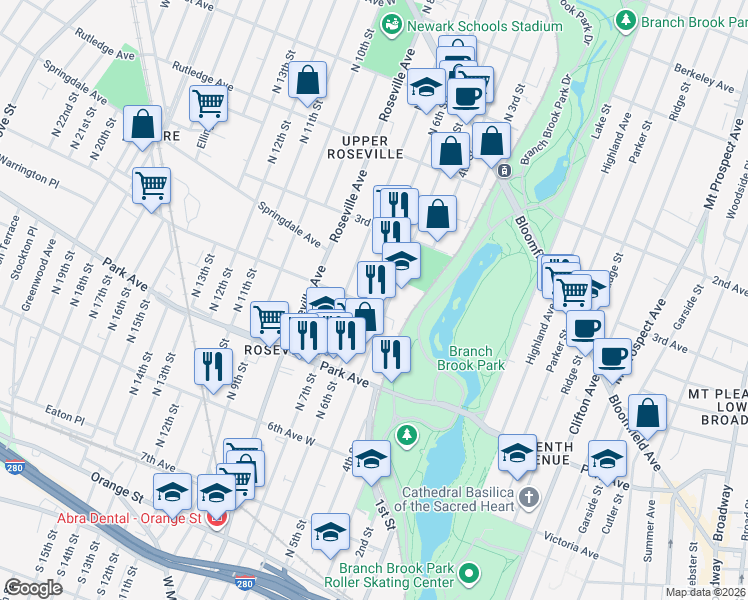 map of restaurants, bars, coffee shops, grocery stores, and more near 361 North 6th Street in Newark