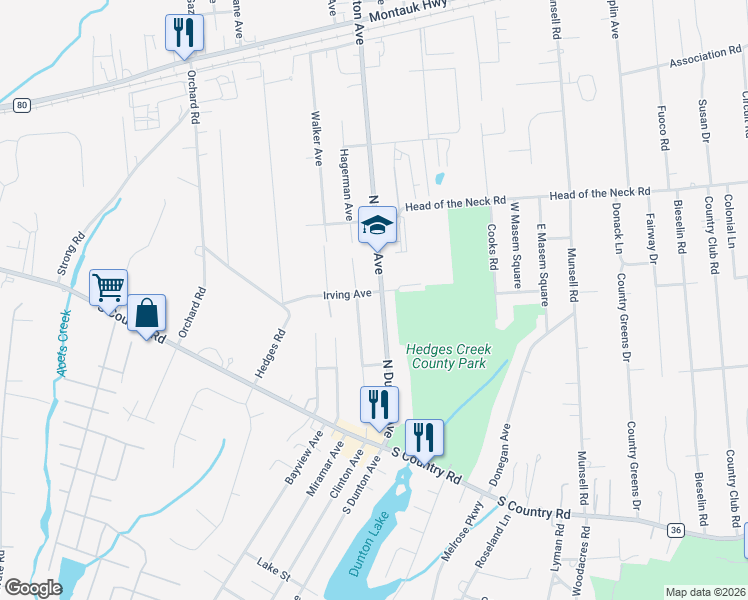 map of restaurants, bars, coffee shops, grocery stores, and more near 118 North Dunton Avenue in East Patchogue