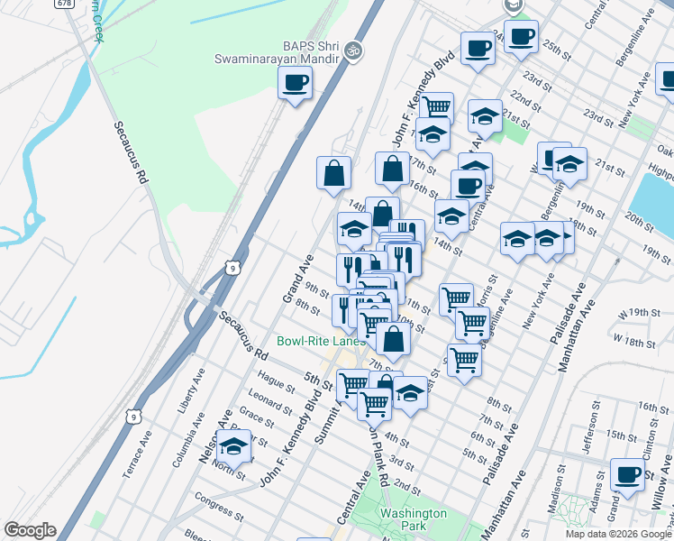map of restaurants, bars, coffee shops, grocery stores, and more near 1011 Paterson Plank Road in North Bergen