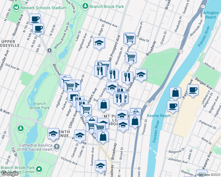 map of restaurants, bars, coffee shops, grocery stores, and more near 257 Summer Avenue in Newark