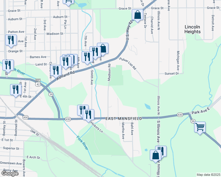 map of restaurants, bars, coffee shops, grocery stores, and more near 126 Madison Road in Mansfield